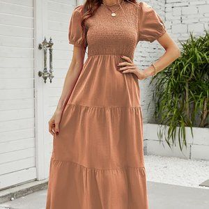 Women's Dresses Casual Plaid Round Neck Short Puff Sleeve Ruffled Flowy Pleated